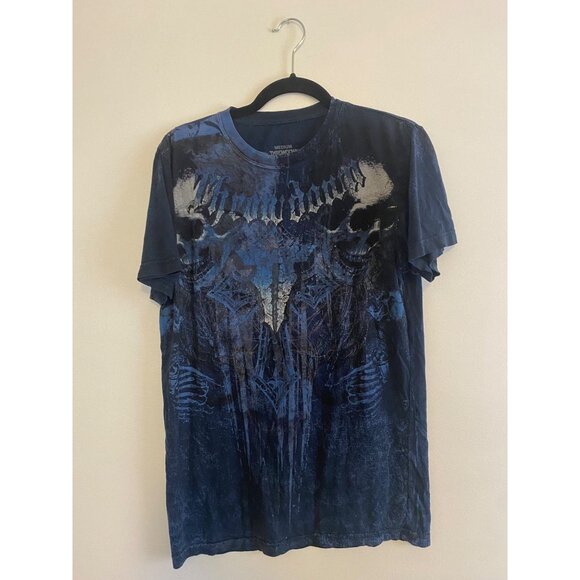 Throwdown Men’s Graphic T-Shirt Medium Blue Skull Design 100% Cotton Made In USA - Picture 1 of 4